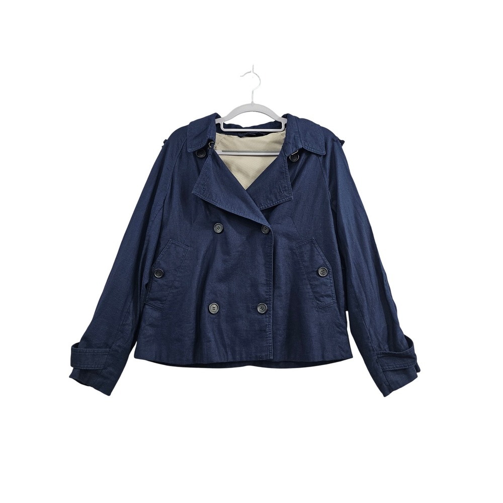 Katherine Barclay Jacket Womens Medium Navy Blue Solid Linen Ruffle Back Peacoat